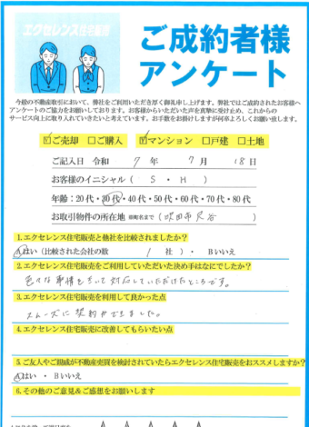 吹田市尺谷のマンションをご売却（S・H様）のアンケート