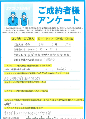 吹田市桃山台のマンションご購入（M・M様）のアンケート