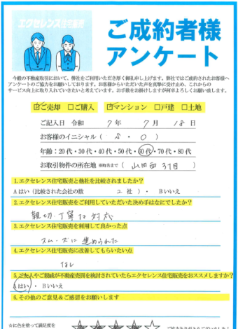 吹田市山田西のマンションご売却（S・O様）のアンケート