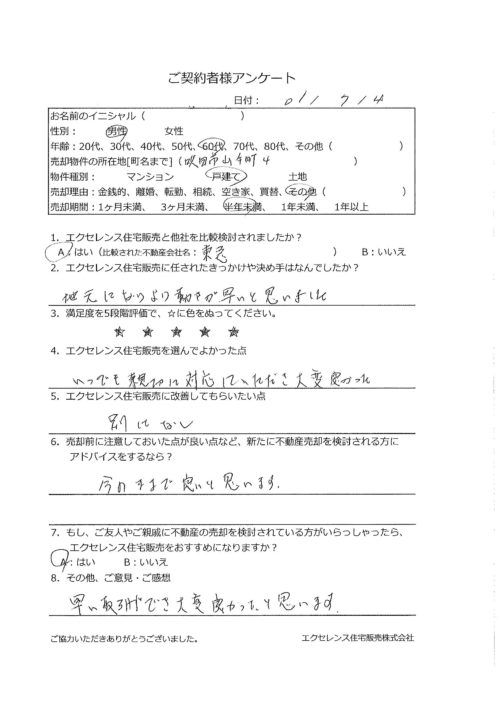 吹田市山手町の戸建売却(様)のアンケート画像