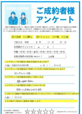 吹田市山田西のマンションご売却　（M・M様）のアンケート