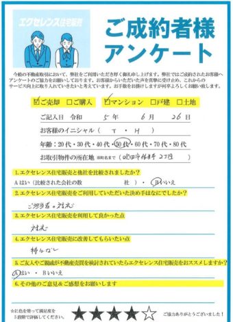 吹田市佐井寺のマンションご売却（T・H様）のアンケート