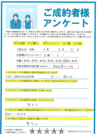 吹田市五月が丘南のマンションご売却（N・O様）のアンケート
