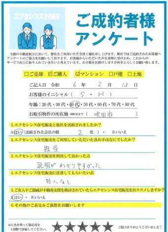 吹田市のマンションご購入（S・H様）のアンケート