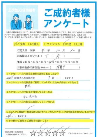 吹田市岸部中の戸建ご売却（T・M様）のアンケート