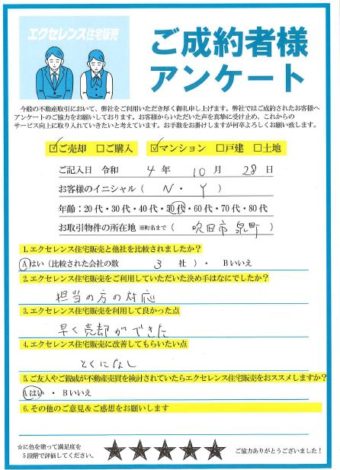 吹田市泉町のマンションご売却　　（N・Y様）のアンケート