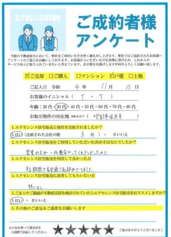 吹田市佐井寺の戸建ご売却（T・T様）のアンケート